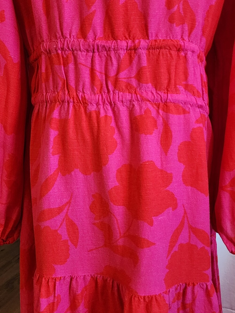 Kate Spade Pink/Red Floral Linen Gathered Dress, Front Ties, Pockets, 3/4 Sleeve - Picture 10 of 14
